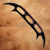 Star Trek-inspired Klingon Bat'leth 38 Inch Full Tang Black Edition featuring a sleek black curved blade with full tang construction and ergonomic grip openings for display and cosplay.
