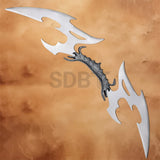 Star Trek Klingon Bat'leth Replica featuring a double-bladed stainless steel design with a detailed dragon-style center grip, ideal for cosplay, collectors, and display.