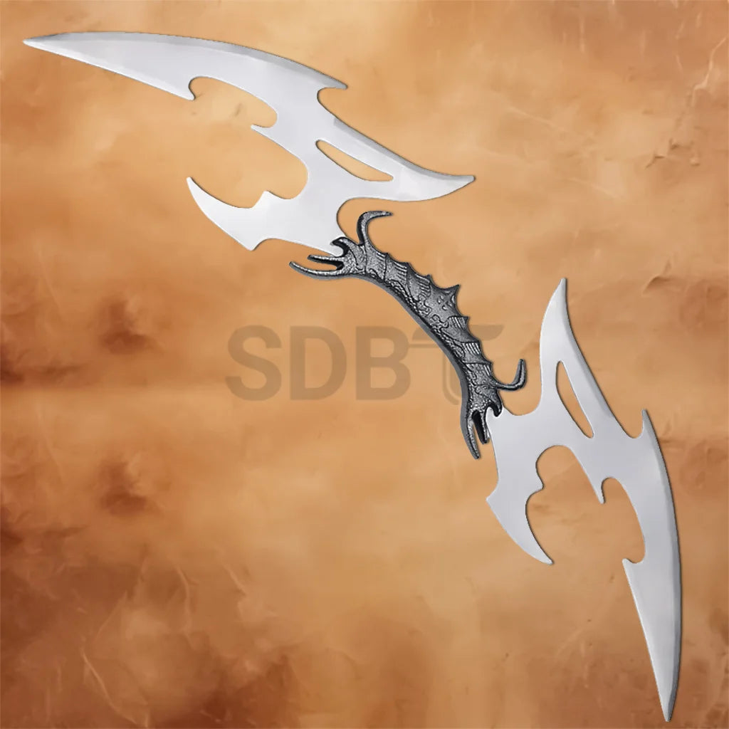 Star Trek Klingon Bat'leth Replica featuring a double-bladed stainless steel design with a detailed dragon-style center grip, ideal for cosplay, collectors, and display.