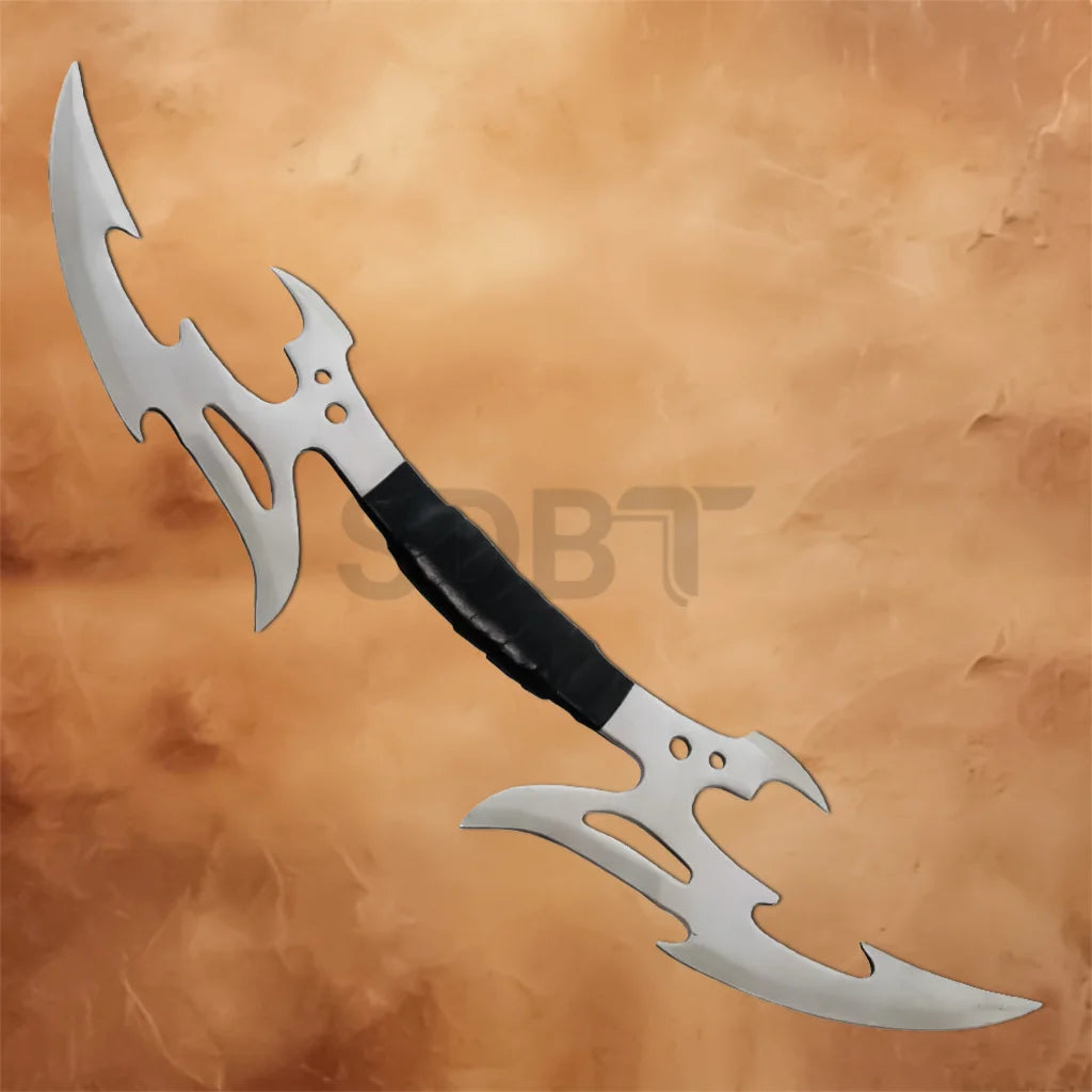 Star Trek Klingon Valdris 24 Inch Bat'leth Blade Replica featuring twin curved stainless steel blades with a black wrapped center grip, perfect for cosplay, collectors, and display.
