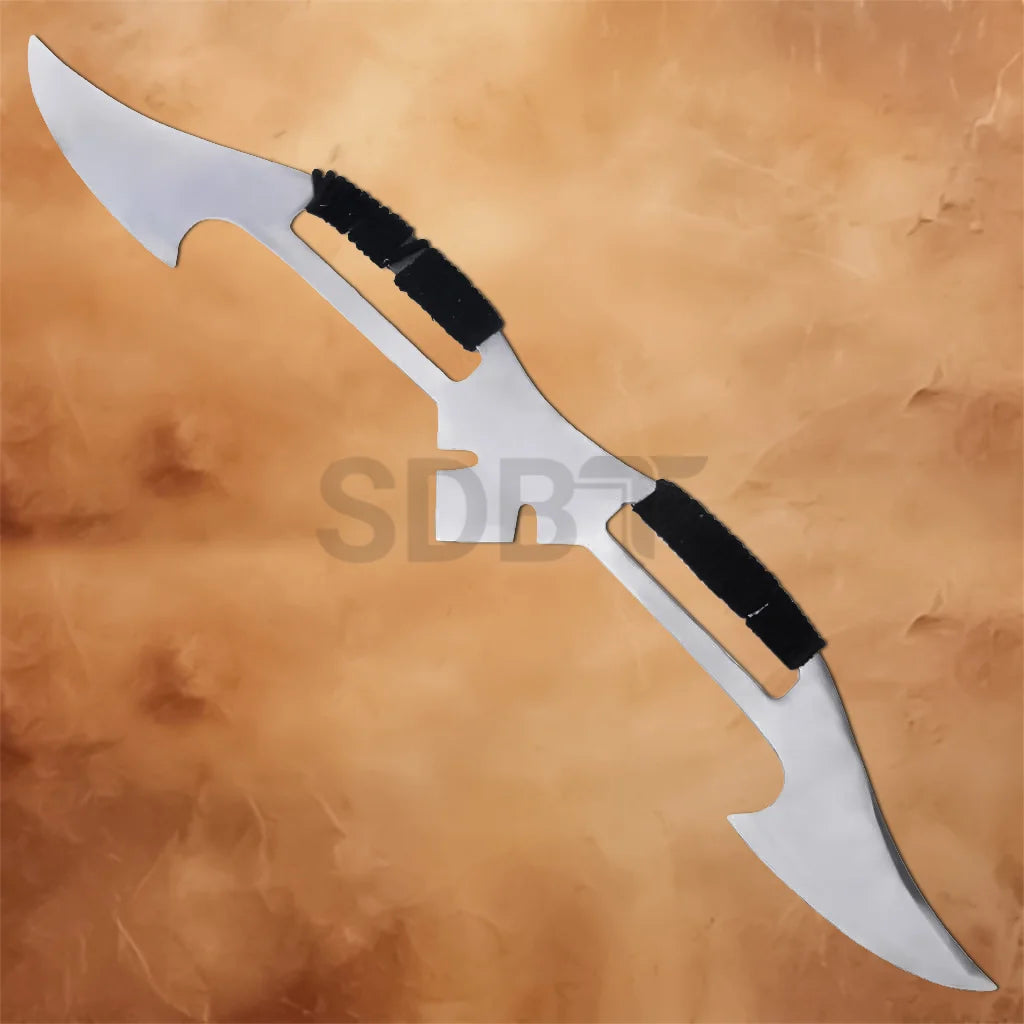 Star Trek Worf & Martok Combat Bat'leth Klingon Replica with dual stainless steel curved blades, black cord-wrapped grips, and iconic Klingon warrior design for cosplay, display, and collectors.