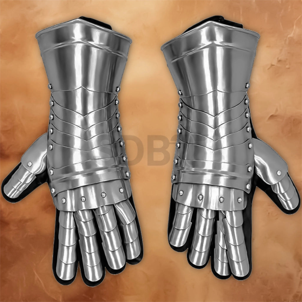 air of Thor Instruments Medieval Knight Gauntlets featuring polished silver articulated plates, segmented fingers, wrist protection and side-mounted arm guards.