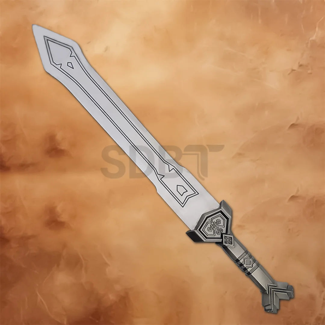 Full-length Thorin Oakenshield Sword Replica from The Lord of the Rings with engraved stainless steel blade and authentic dwarf-inspired hilt design.