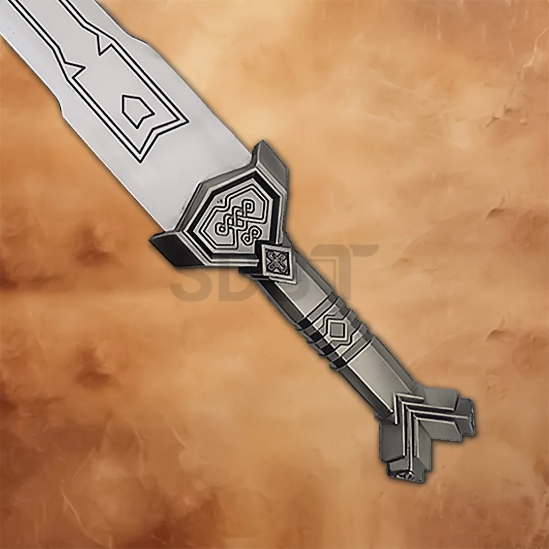 Detailed close-up of the Thorin Sword Replica hilt featuring intricate dwarven-inspired engravings and premium craftsmanship from The Lord of the Rings.