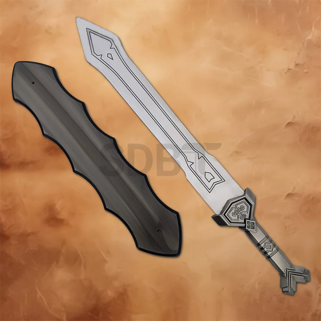Thorin Sword Replica with black wooden scabbard inspired by The Lord of the Rings, featuring an engraved silver blade and detailed medieval-style hilt.