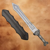 Thorin Sword Replica with black wooden scabbard inspired by The Lord of the Rings, featuring an engraved silver blade and detailed medieval-style hilt.