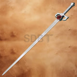 Full view of the Thundercat Lion-O Sword of Omens Replica featuring a polished stainless steel blade, silver hilt, and iconic red Eye of Thundera emblem.
