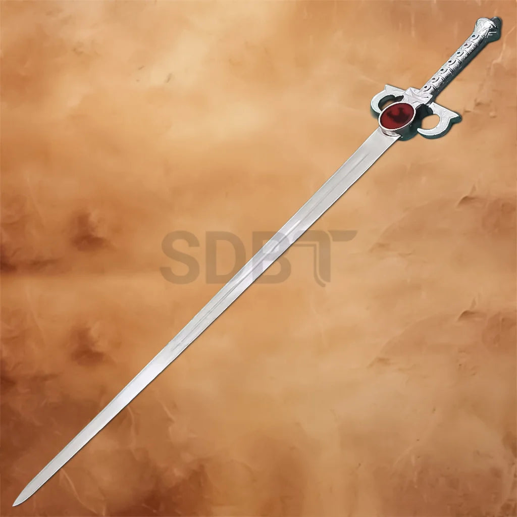 Full view of the Thundercat Lion-O Sword of Omens Replica featuring a polished stainless steel blade, silver hilt, and iconic red Eye of Thundera emblem.