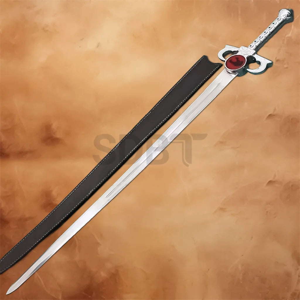 Thundercat Lion-O Sword of Omens Replica with matching black scabbard, polished stainless steel blade, and detailed silver hilt for collectors, cosplay, and display.