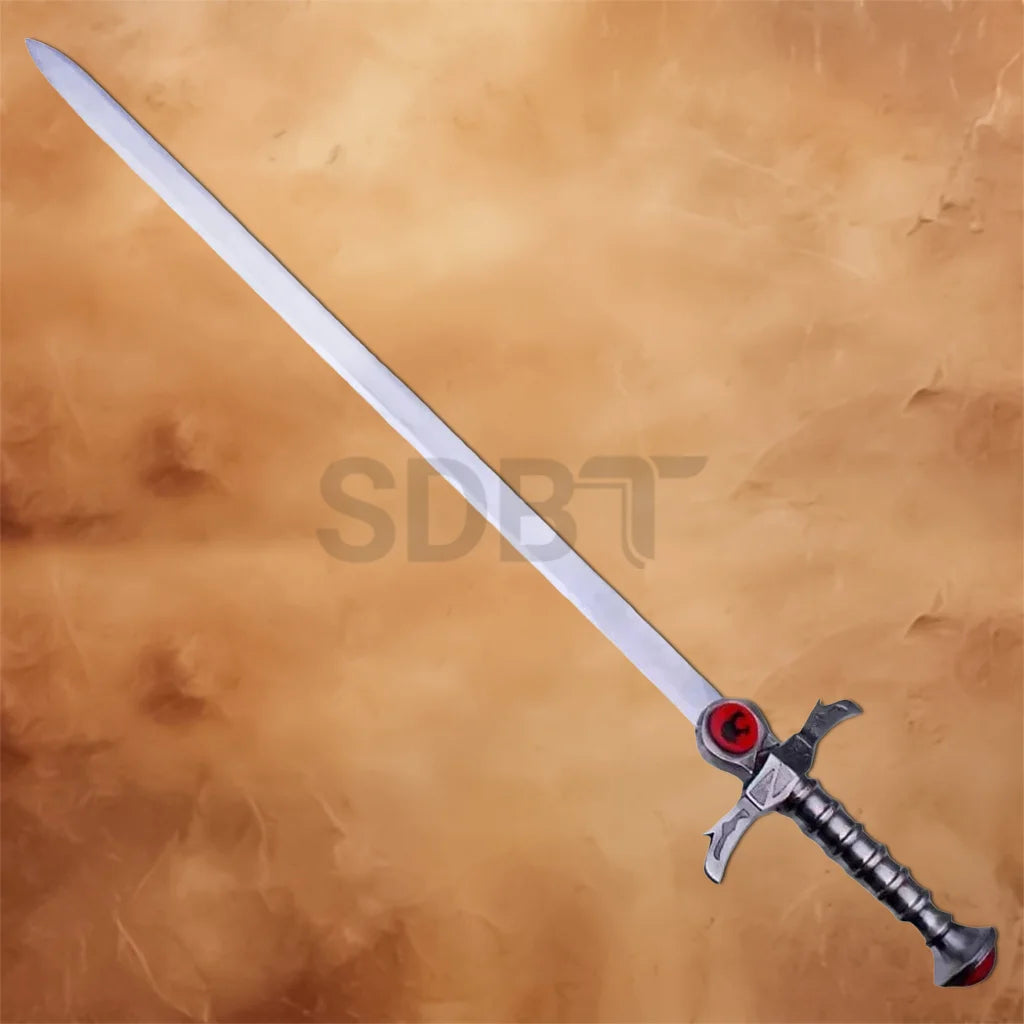 Full view of the ThunderCats Sword of Omens Replica featuring a long stainless steel blade, detailed crossguard, and iconic red Eye of Thundera emblem, ideal for collectors and cosplay.