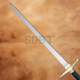 Close-up of the Dragon Ball Z Trunks Gold Hilt Sword Replica showcasing the long polished stainless steel blade with a clean fantasy-inspired finish.