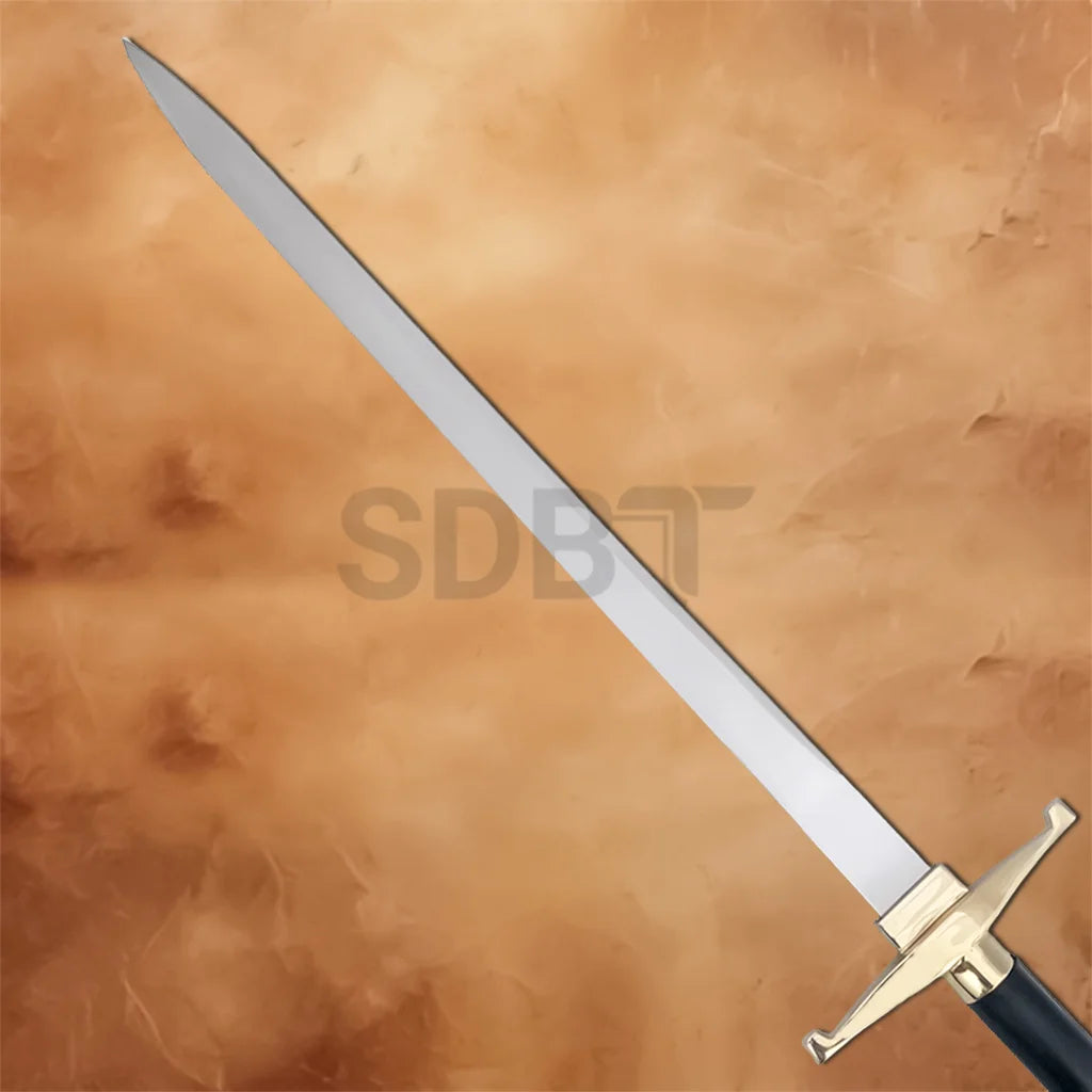 Close-up of the Dragon Ball Z Trunks Gold Hilt Sword Replica showcasing the long polished stainless steel blade with a clean fantasy-inspired finish.