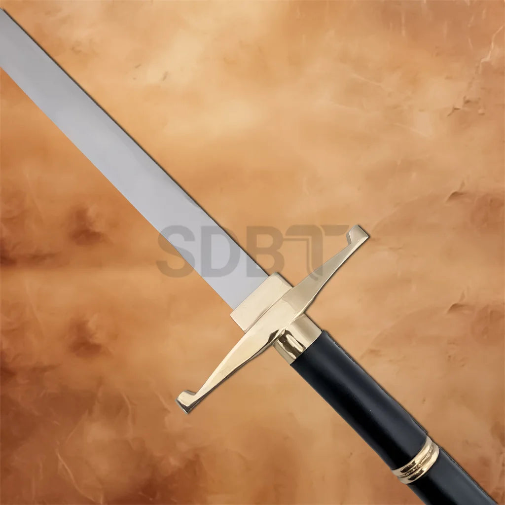 Detailed view of the Dragon Ball Z Trunks Gold Hilt Sword Replica featuring the gold crossguard, polished fittings, and black grip inspired by Trunks' iconic weapon.
