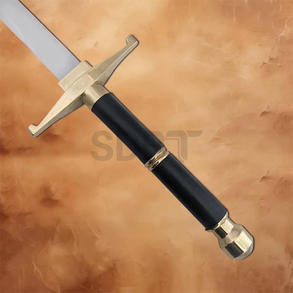 Close-up of the Dragon Ball Z Trunks Gold Hilt Sword Replica highlighting the black handle, gold accents, and rounded metal pommel with premium craftsmanship.