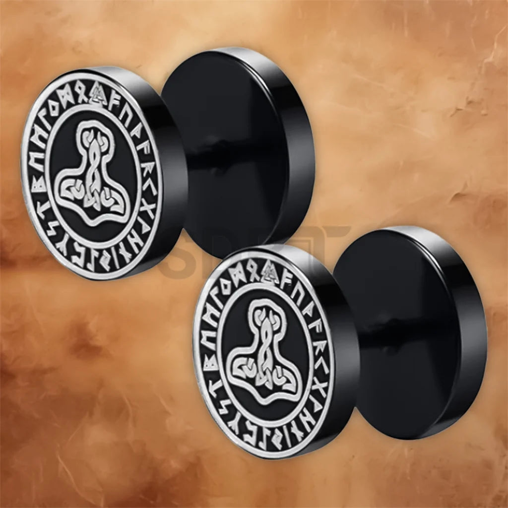 Unisex Viking Rune barbell stud earrings crafted from stainless steel with engraved Norse rune detailing.