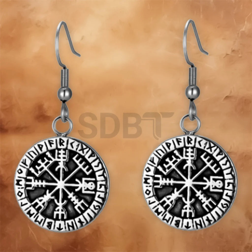Vegvisir drop earrings crafted from stainless steel featuring the iconic Viking Compass symbol.