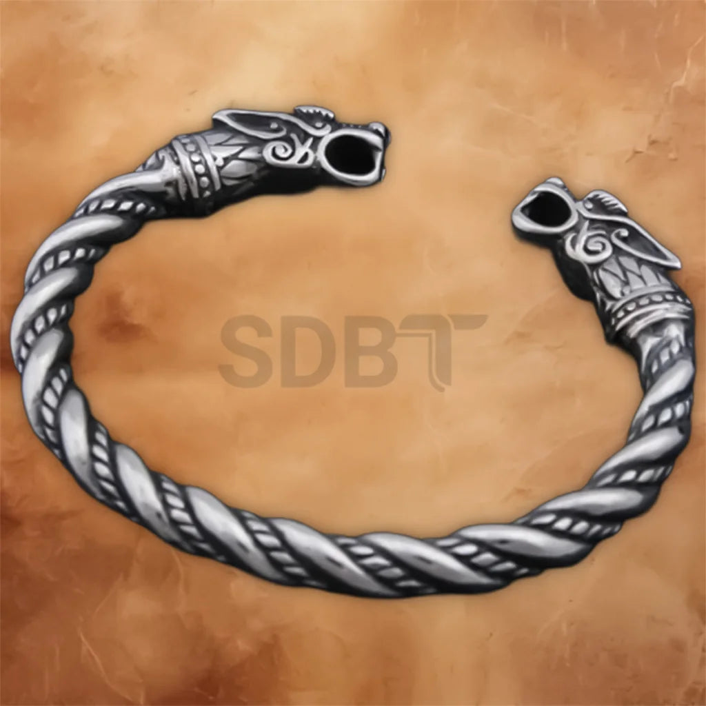 Angled view of the Viking Fenrir Wolf stainless steel cuff bracelet featuring detailed Norse craftsmanship.