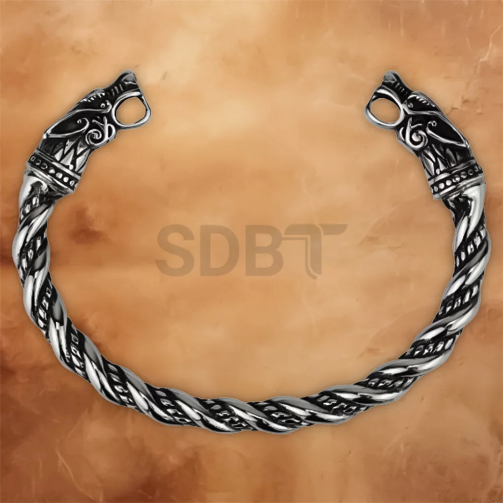 Viking Fenrir Wolf cuff bracelet for men crafted from stainless steel with an engraved Norse wolf design.