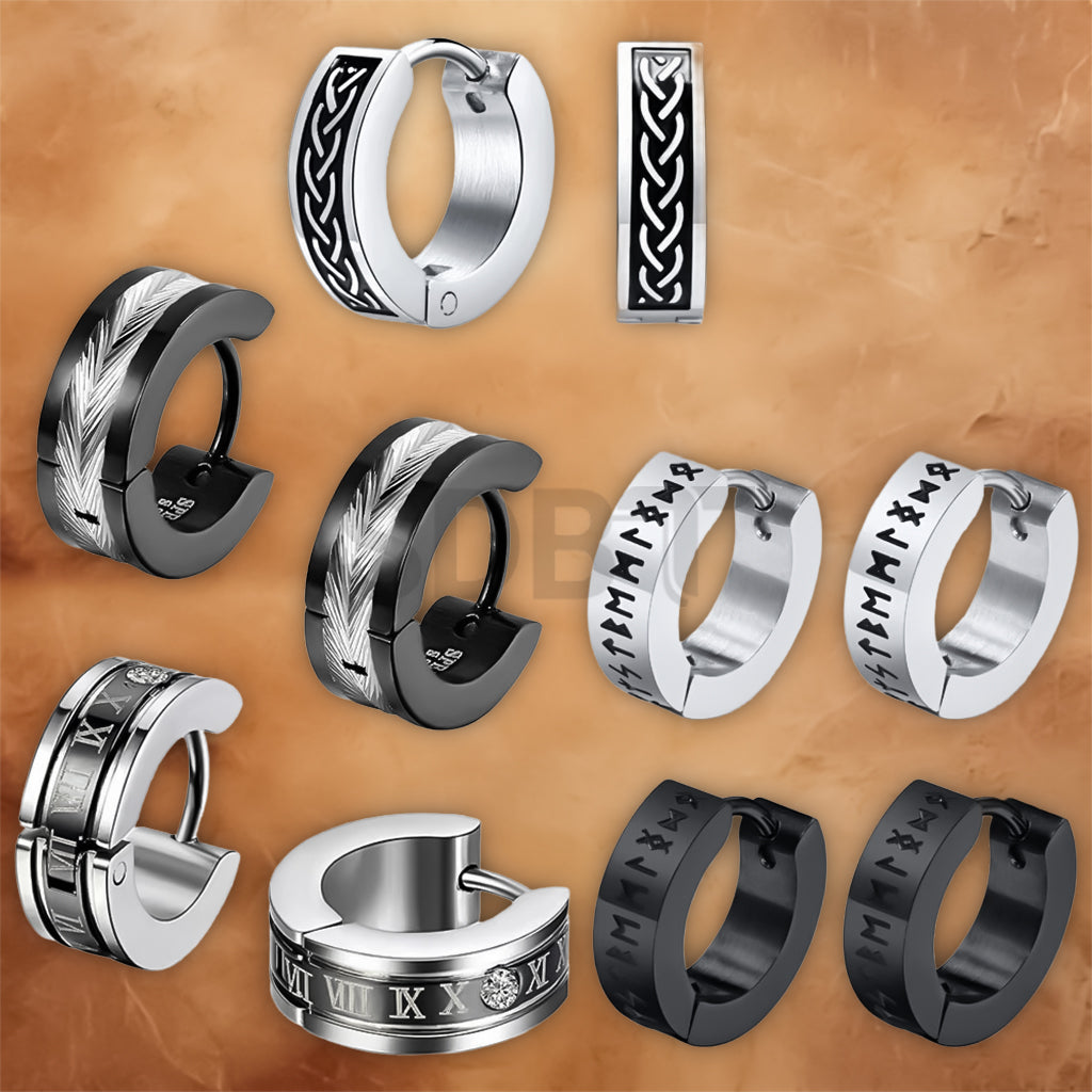 Viking hoop earrings for men crafted from stainless steel with engraved Norse rune detailing.