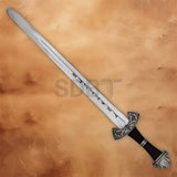 Full view of Viking Norse sword replica with engraved hilt and scabbard