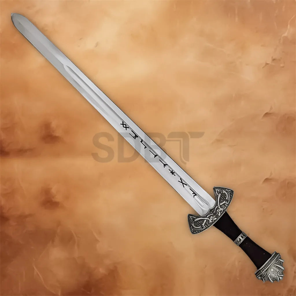 Full view of Viking Norse sword replica with engraved hilt and scabbard