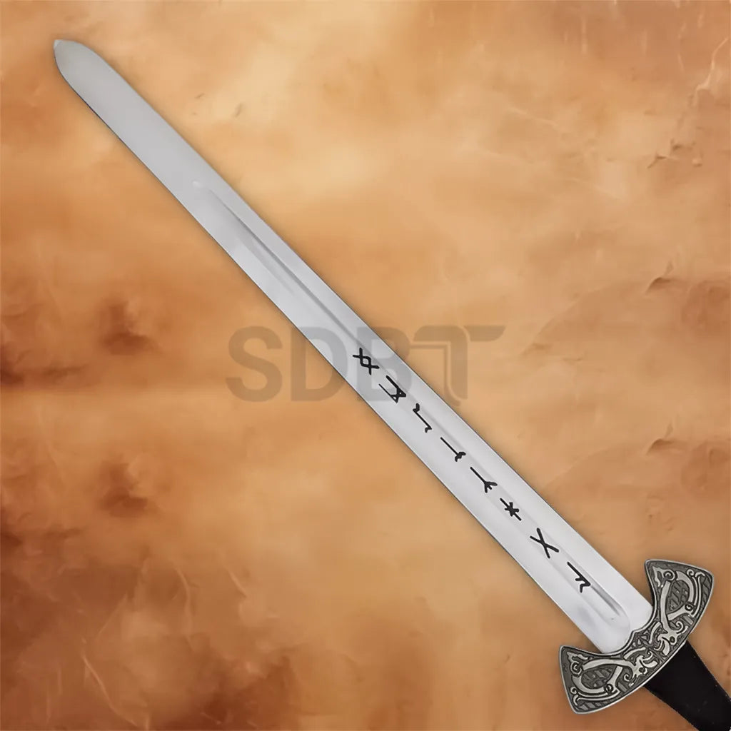 Viking Norse sword replica with silver blade and engraved hilt