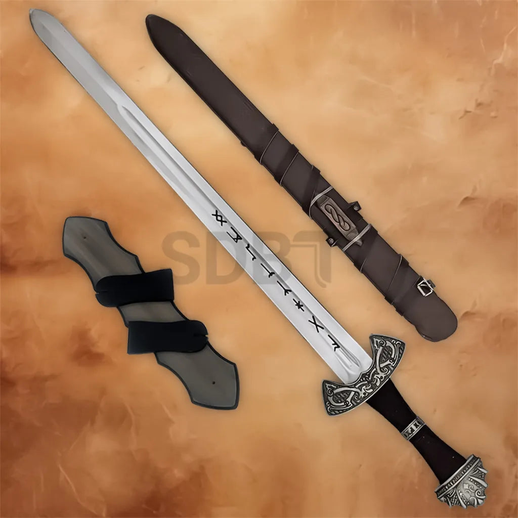 Viking Norse sword with silver blade, rune designs, and black scabbard