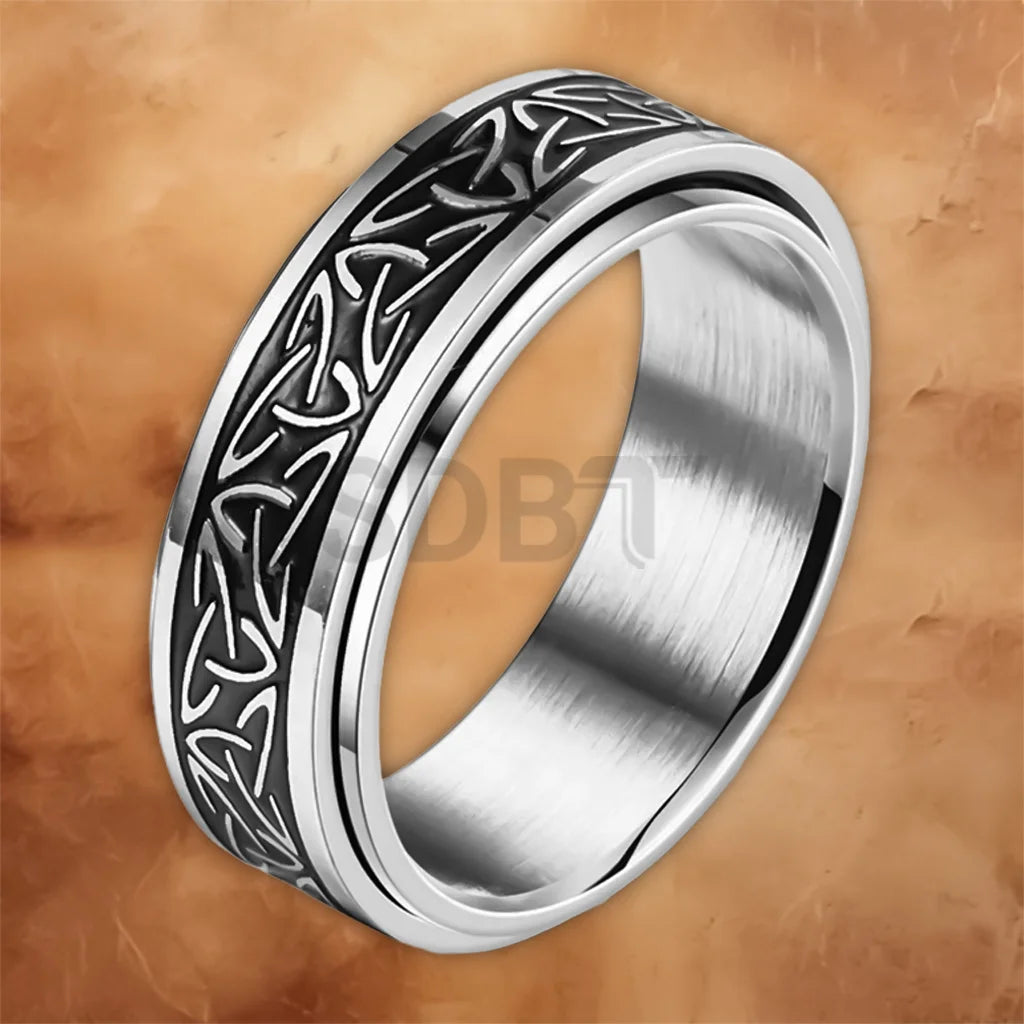 Angled view of the unisex Viking steel rotating spinner ring featuring a smooth spinning outer band.