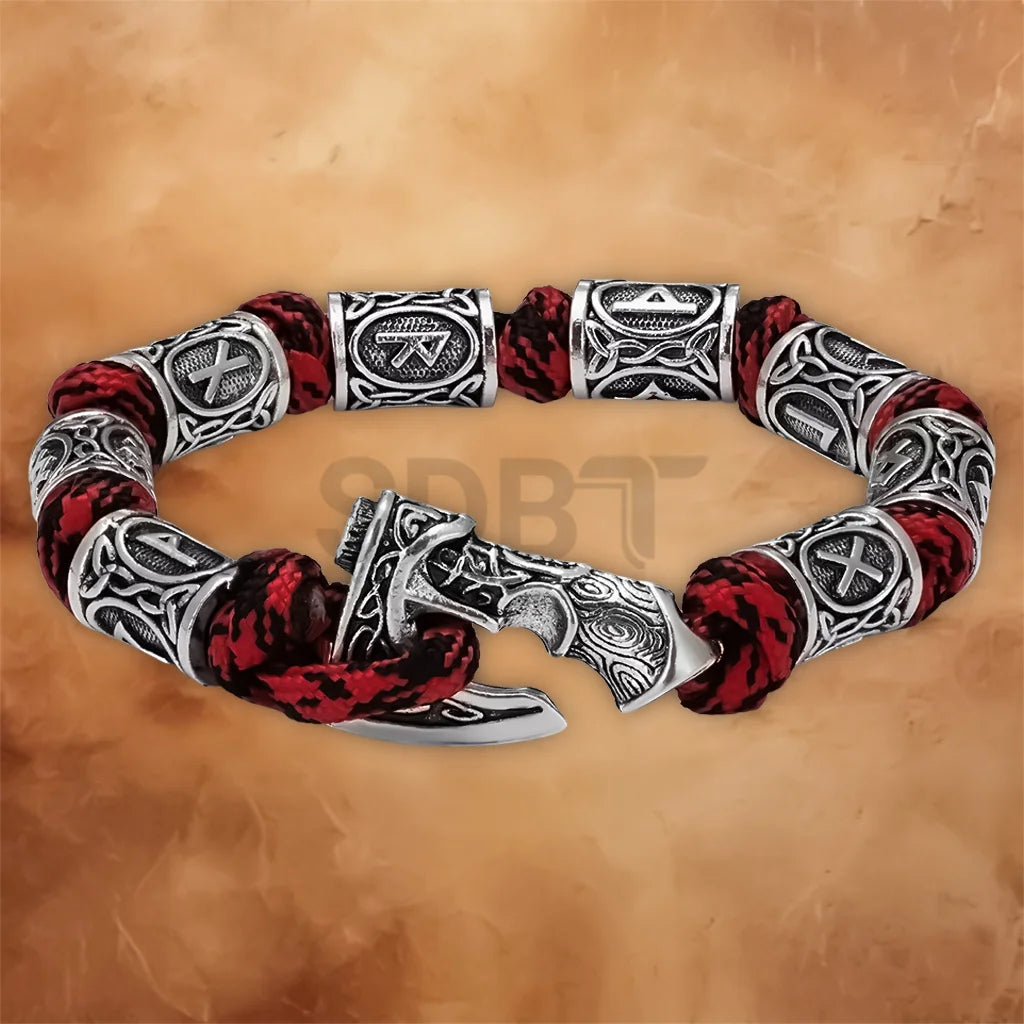 Adjustable Viking Rune Axe Paracord Bracelet with braided cord and Norse-inspired stainless steel axe charm, ideal as a men's gift.