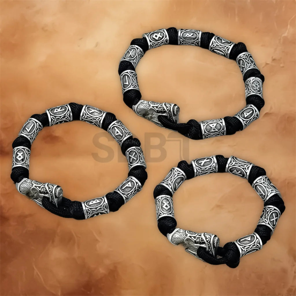 Viking Rune Axe Paracord Bracelet featuring engraved Norse runes, durable paracord, and a stainless steel axe charm for men.