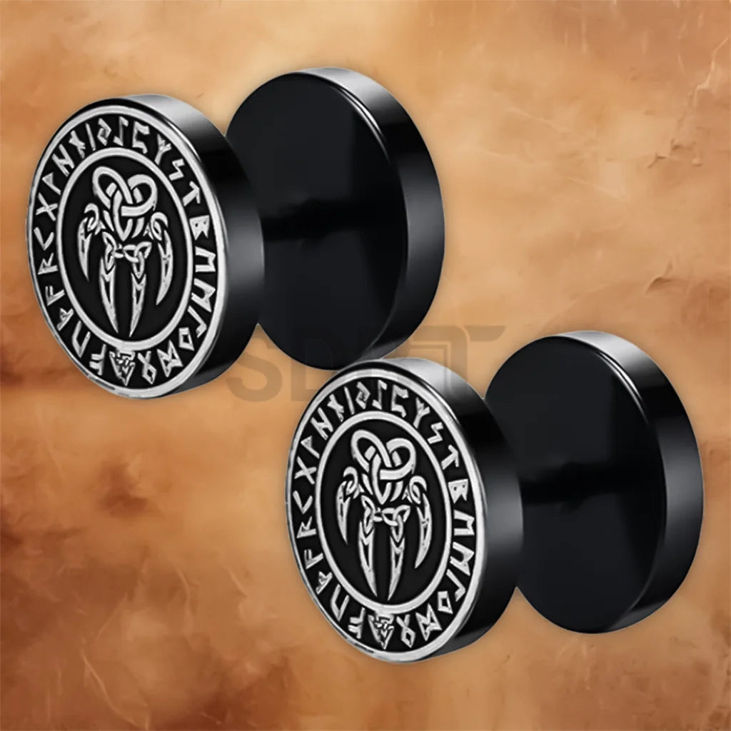 Angled view of unisex Viking Rune barbell stud earrings featuring polished stainless steel and Nordic engravings.