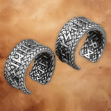 Pair of Viking Runes round hoop cuff earrings for men and women featuring engraved Nordic symbols.