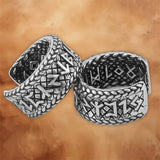 Men's Women's Viking Runes round hoop cuff earrings crafted from stainless steel with engraved Norse rune design.