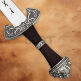 Viking sword replica with black wrapped handle and ornate pommel