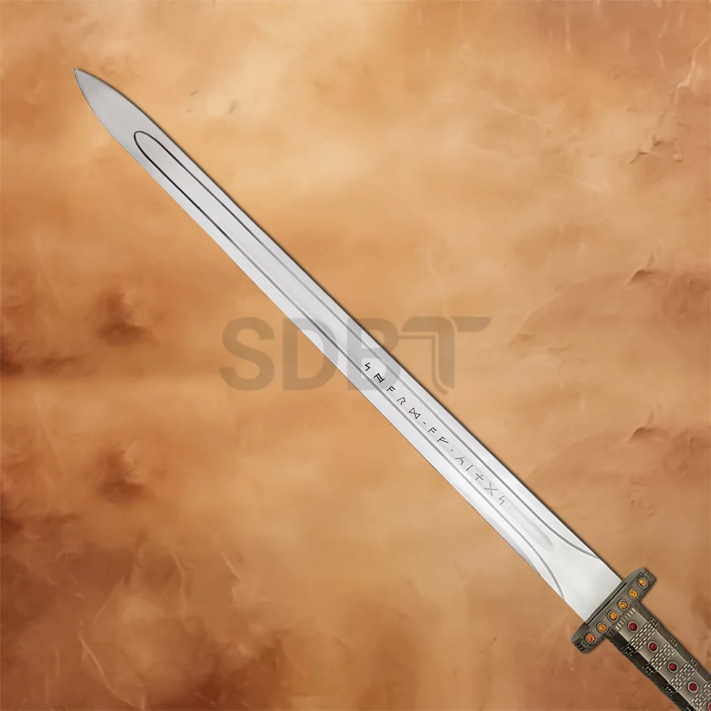 Close-up of the Viking Sword of Ragnar Lothbrok Replica Edition blade featuring Norse rune engraving and polished finish