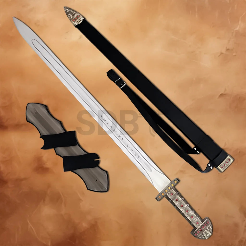 Viking Sword of Ragnar Lothbrok Replica Edition with black scabbard, shoulder strap, and wooden display plaque