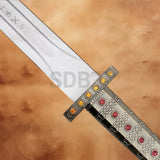 Detailed close-up of the Viking Sword of Ragnar Lothbrok Replica Edition showing the ornate jeweled crossguard, engraved hilt, and stainless steel blade