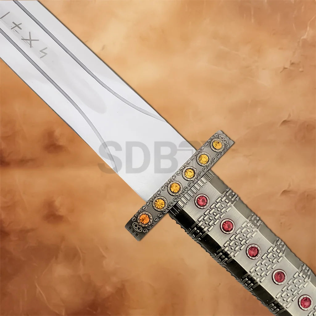 Detailed close-up of the Viking Sword of Ragnar Lothbrok Replica Edition showing the ornate jeweled crossguard, engraved hilt, and stainless steel blade