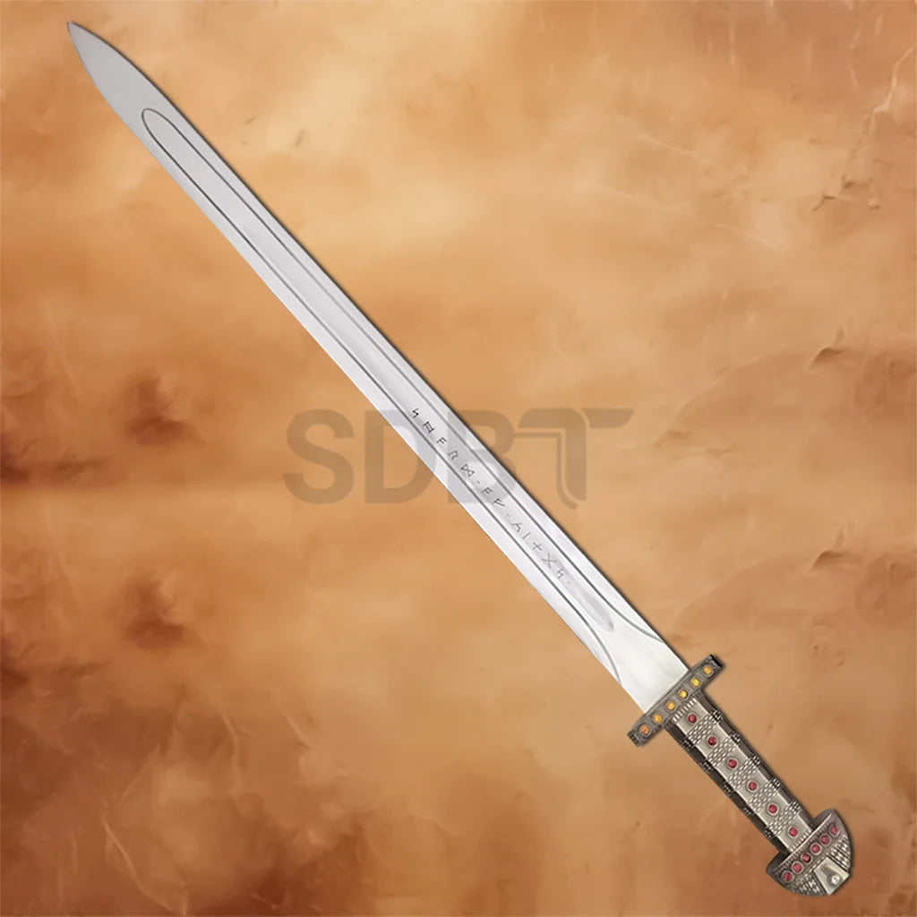 Full-length Viking Sword of Ragnar Lothbrok Replica Edition with polished stainless steel blade engraved with Norse runes