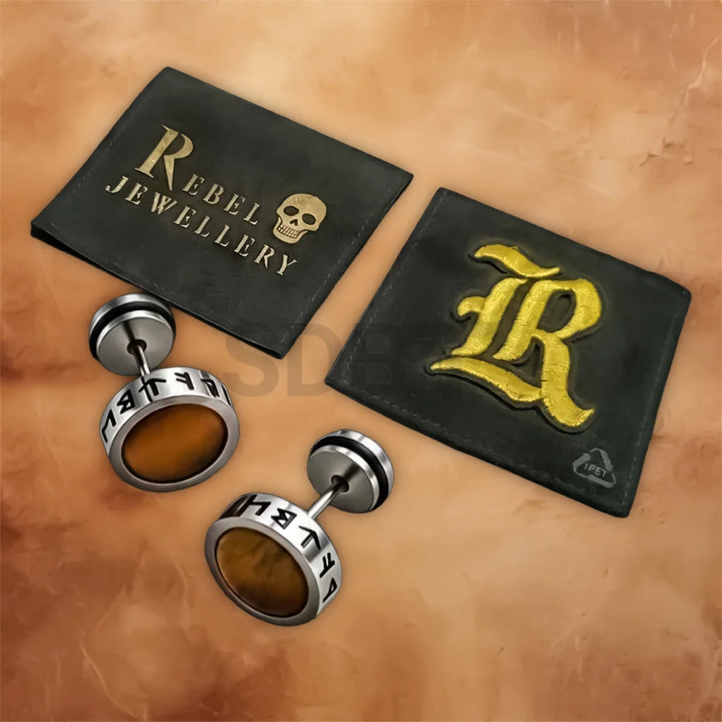 Viking Tiger Eye acrylic stud earrings crafted from stainless steel with a polished round stone design.