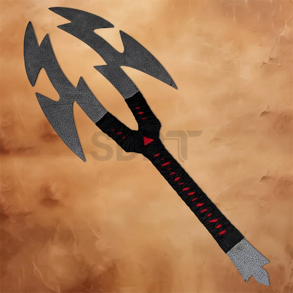Complete view of the Volkoth Fantasy Axe Replica with dual textured blades and black wrapped handle, ideal for display, cosplay, and fantasy collectors.