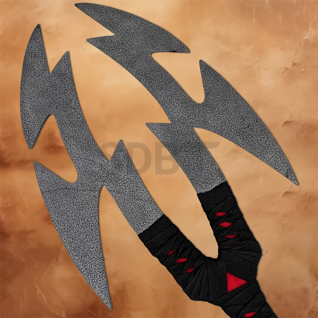 Full view of the Volkoth Fantasy Axe Replica featuring twin textured blades with a black and red wrapped handle for fantasy collections and cosplay.