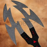 Full view of the Volkoth Fantasy Axe Replica featuring twin textured blades with a black and red wrapped handle for fantasy collections and cosplay.