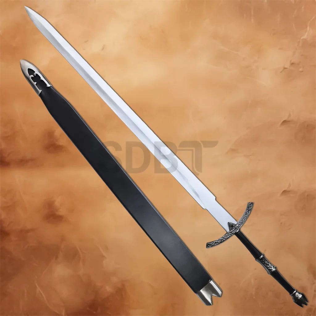 Witch King Sword Replica Black Edition displayed with its matching black scabbard, showcasing a stainless steel blade, ornate hilt, and iconic fantasy-inspired design for collectors.