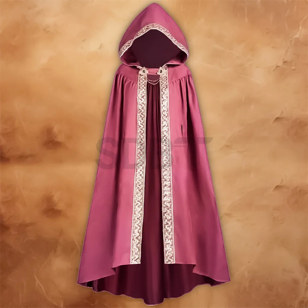 Women’s medieval hooded cloak in pink, featuring ornate gold trim, a pointed hood, flowing full-length design, and decorative front fastening.