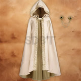 Women’s medieval hooded cloak in pink, featuring ornate gold trim, a pointed hood, flowing full-length design, and decorative front fastening.
