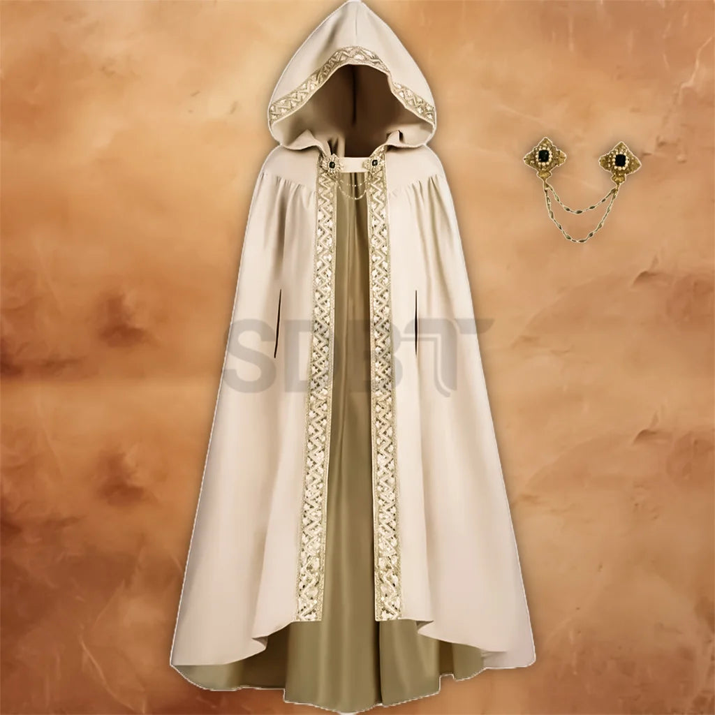 Women’s medieval hooded cloak in pink, featuring ornate gold trim, a pointed hood, flowing full-length design, and decorative front fastening.