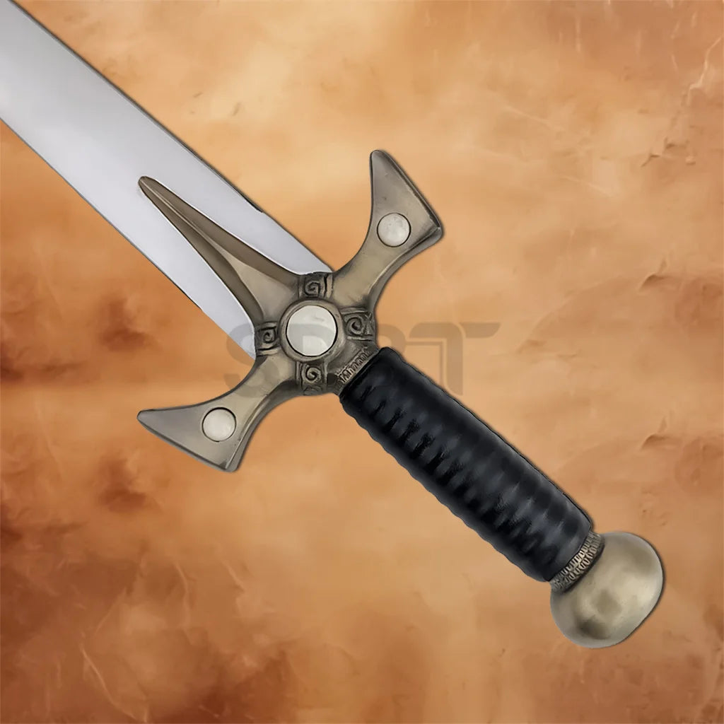 Close-up of the Xena Warrior Princess Sword Replica hilt featuring a black wrapped grip, decorative crossguard, and rounded pommel