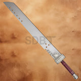 Full view of the Zack Buster 42 Inch Sword Replica from Final Fantasy featuring a massive polished steel blade with signature cutouts, detailed metal guard, and maroon handle for collectors and cosplay.