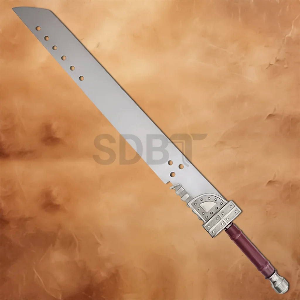 Full view of the Zack Buster 42 Inch Sword Replica from Final Fantasy featuring a massive polished steel blade with signature cutouts, detailed metal guard, and maroon handle for collectors and cosplay.